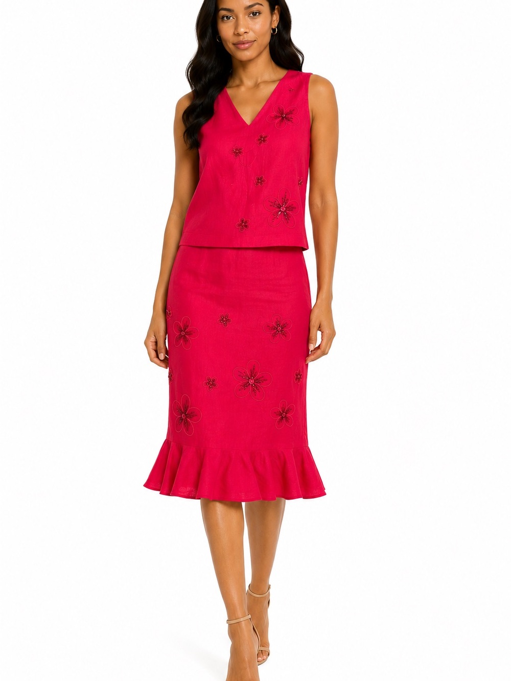 Jessica Howard Floral Embroidered Linen Skirt Set 2-Pc Button-Up Top Size 8 Red